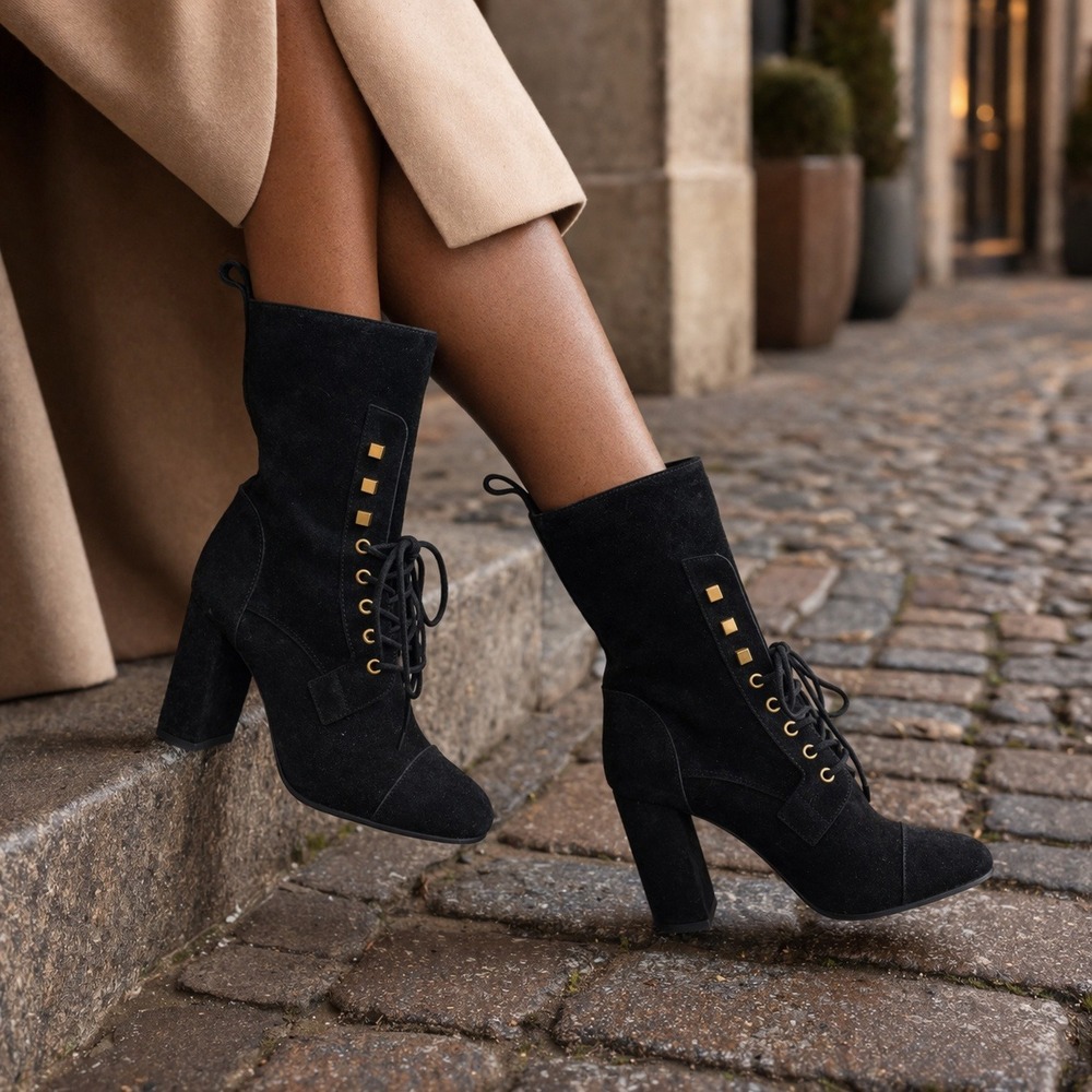 Stuart Weitzman Black Suede Lace Up Block Heel Boots Gold Studs Size 38